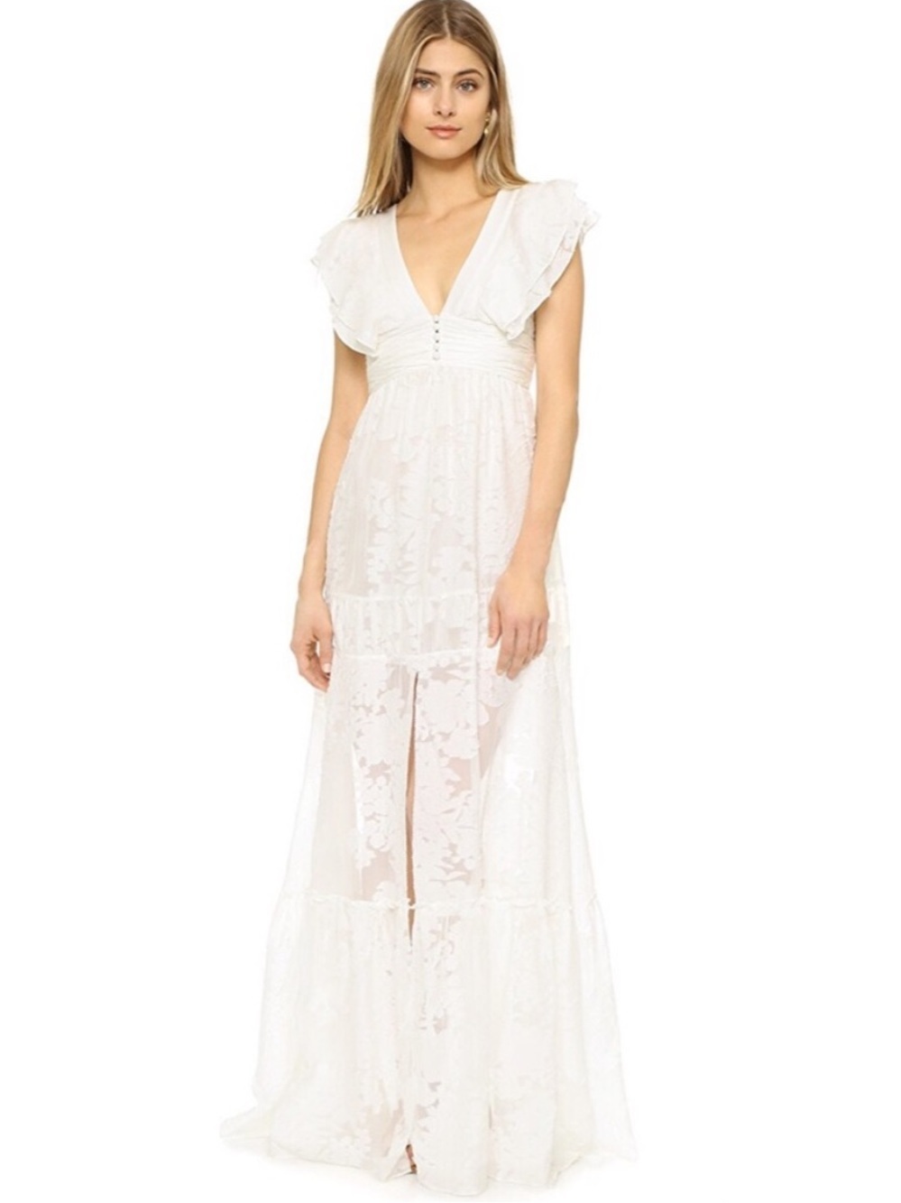 Rachel Zoe Violet in Ecru Floral Ruffled Fil Coupé Cotton & Silk Blend Gown- 4 - Picture 4 of 13